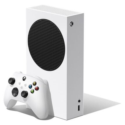 Console Xbox Series S blanche posée verticalement à côté de sa manette.