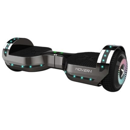 Hoverboard Hover-1 Chrome 2.0 avec reflets métalliques et LED allumées.