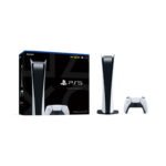 Manette DualSense blanche posée devant une PlayStation 5 Édition Digitale.