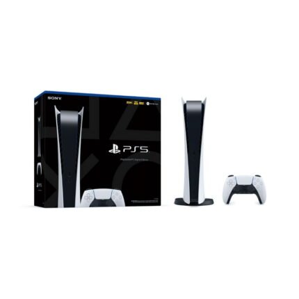Manette DualSense blanche posée devant une PlayStation 5 Édition Digitale.