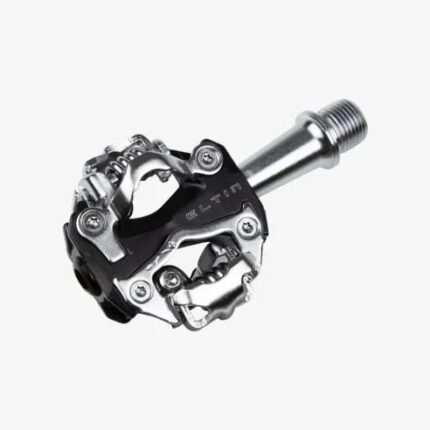 Pédale automatique Eltin vue de profil sur un pédalier VTT.