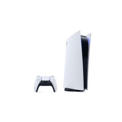 Console PlayStation 5 Édition Digitale blanche au profil symétrique.