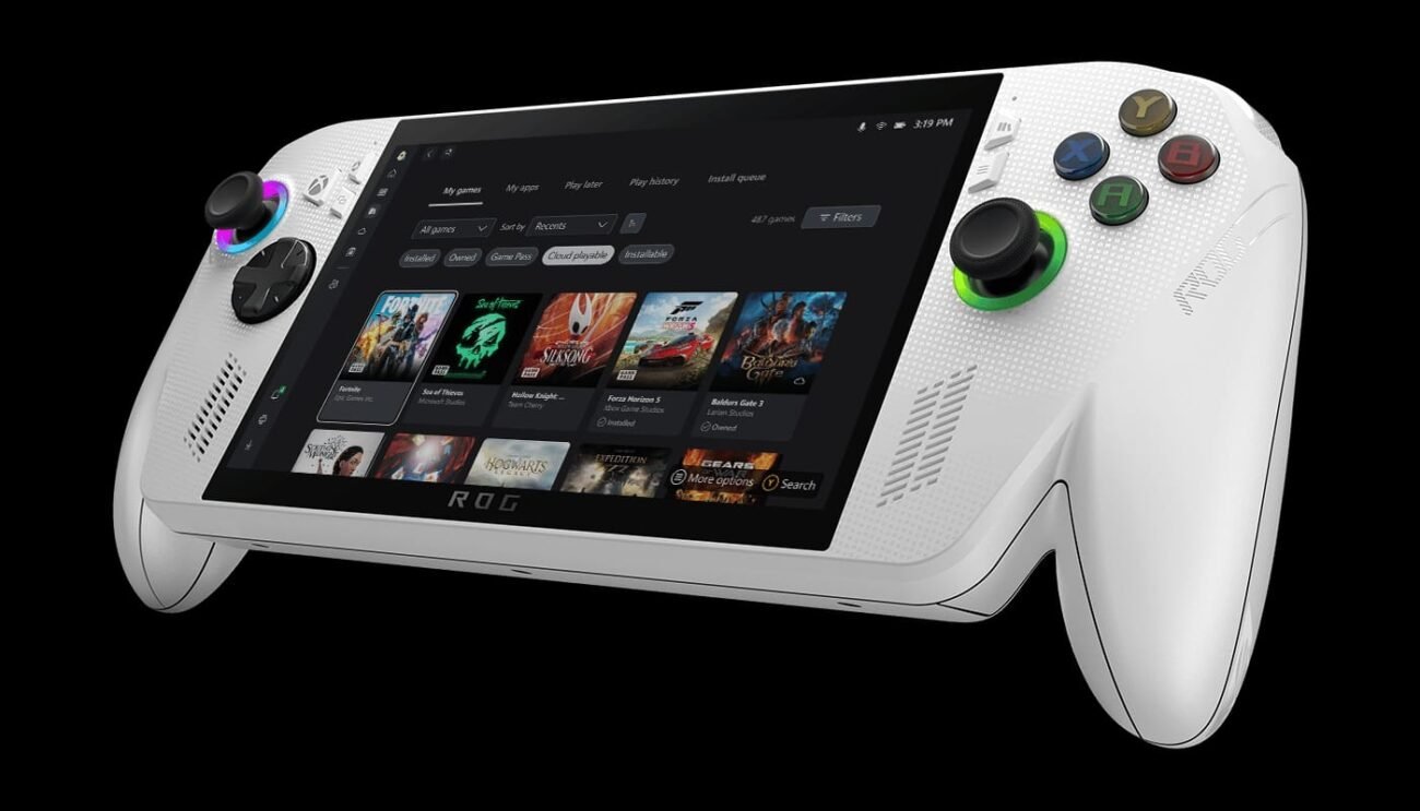 Console portable ASUS ROG Ally blanche avec joysticks rétroéclairés.