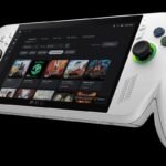 Console portable ASUS ROG Ally blanche avec joysticks rétroéclairés.