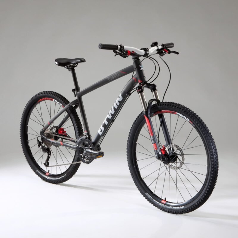 VTT tout suspendu Rockrider ST 540 S noir et bleu avec amortisseur.