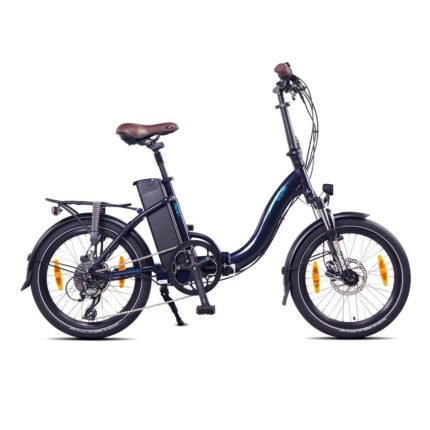 Velo electrique pliant NCM bleu brillant en position dépliée.